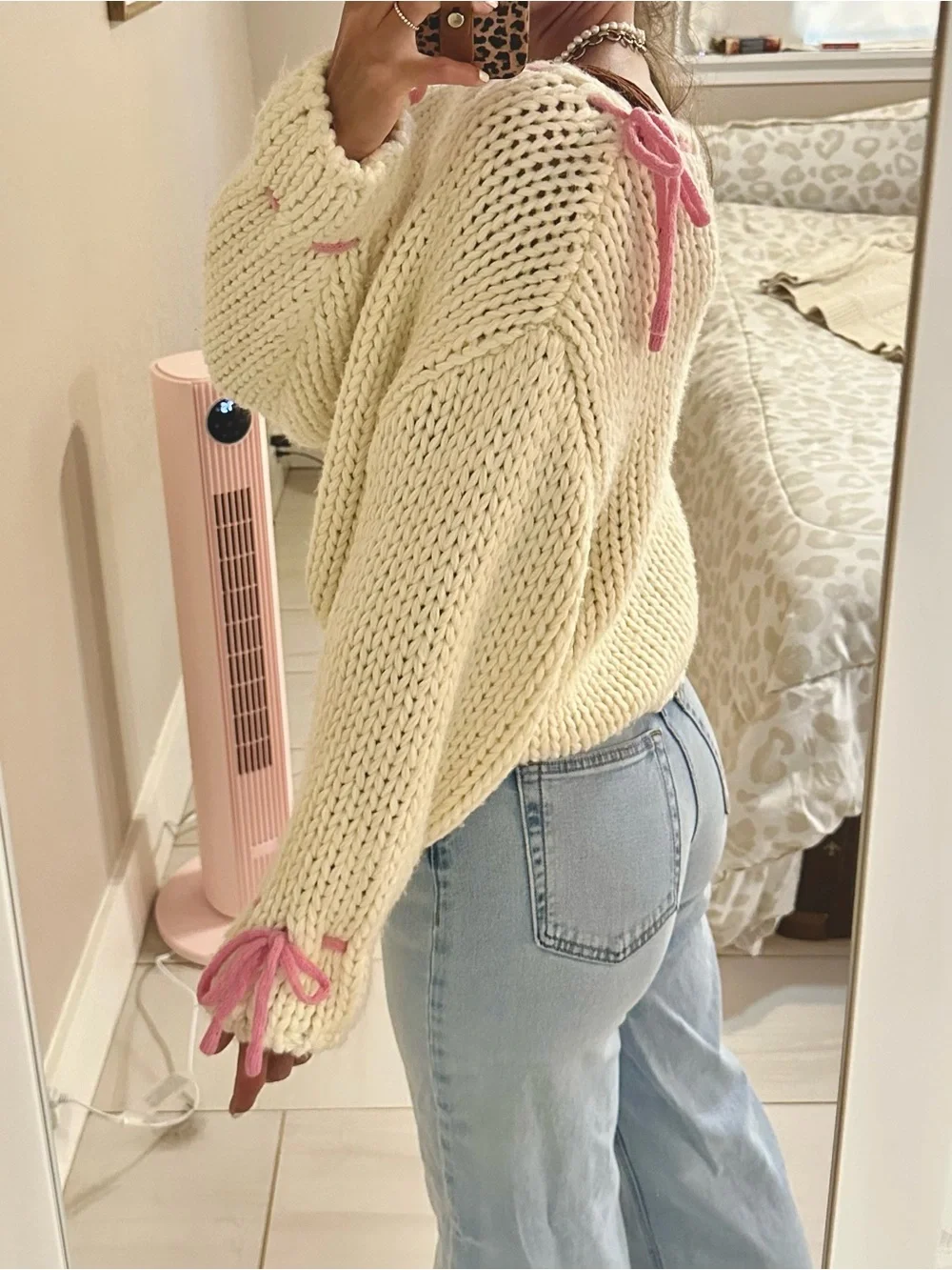 Beginning Boutique Cream Chunky Knit Sweater with Pink Tie Accents S/M